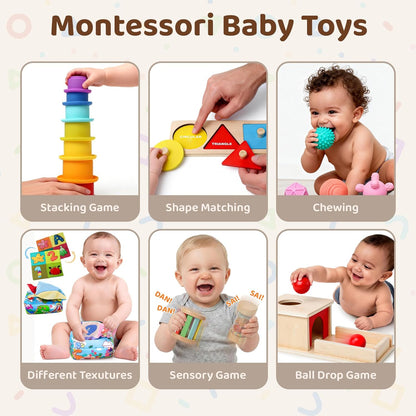 Montessori Toys for Babies 6-12 Months,1 Year Old,8 in 1 Learning Educational Set Wooden Sensory Toys for Baby Toys 12-18 Months (Includes Tissue Box Toy,Rainmaker and More)