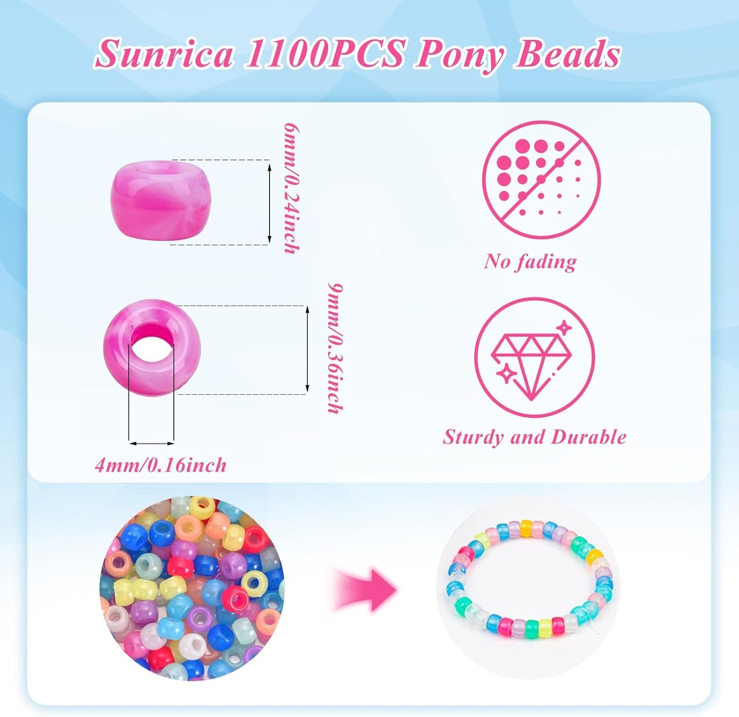 1100Pcs Red Pony Beads 6x9mm Large Hole Plastic Hair Beads for Braids, Kandi Bracelets, Keychains, Jewelry Making