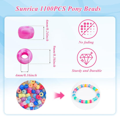 1100Pcs Red Pony Beads 6x9mm Large Hole Plastic Hair Beads for Braids, Kandi Bracelets, Keychains, Jewelry Making