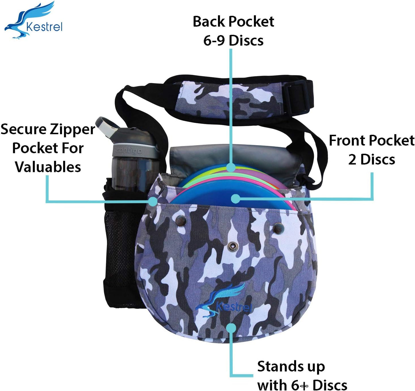 Kestrel Black Disc Golf Bag - Fits 6-10 Golf Discs + Bottle - For Beginner & Advanced Golfers - Extremely Durable Canvas - Frisbee Golf Bag - Small Sling/Shoulder Disc Golf Bag For Men & Women