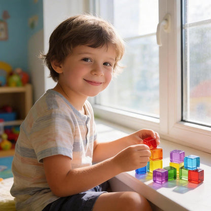 Woodtoe Wooden Building Blocks Set for Kids, 36 PCS Rainbow Acrylic Gem Blocks - 3 Wood House, Montessori Stacking Toy for Toddlers, Educational STEM Birthday Creative Toy Gift for Boys Girls 3-6