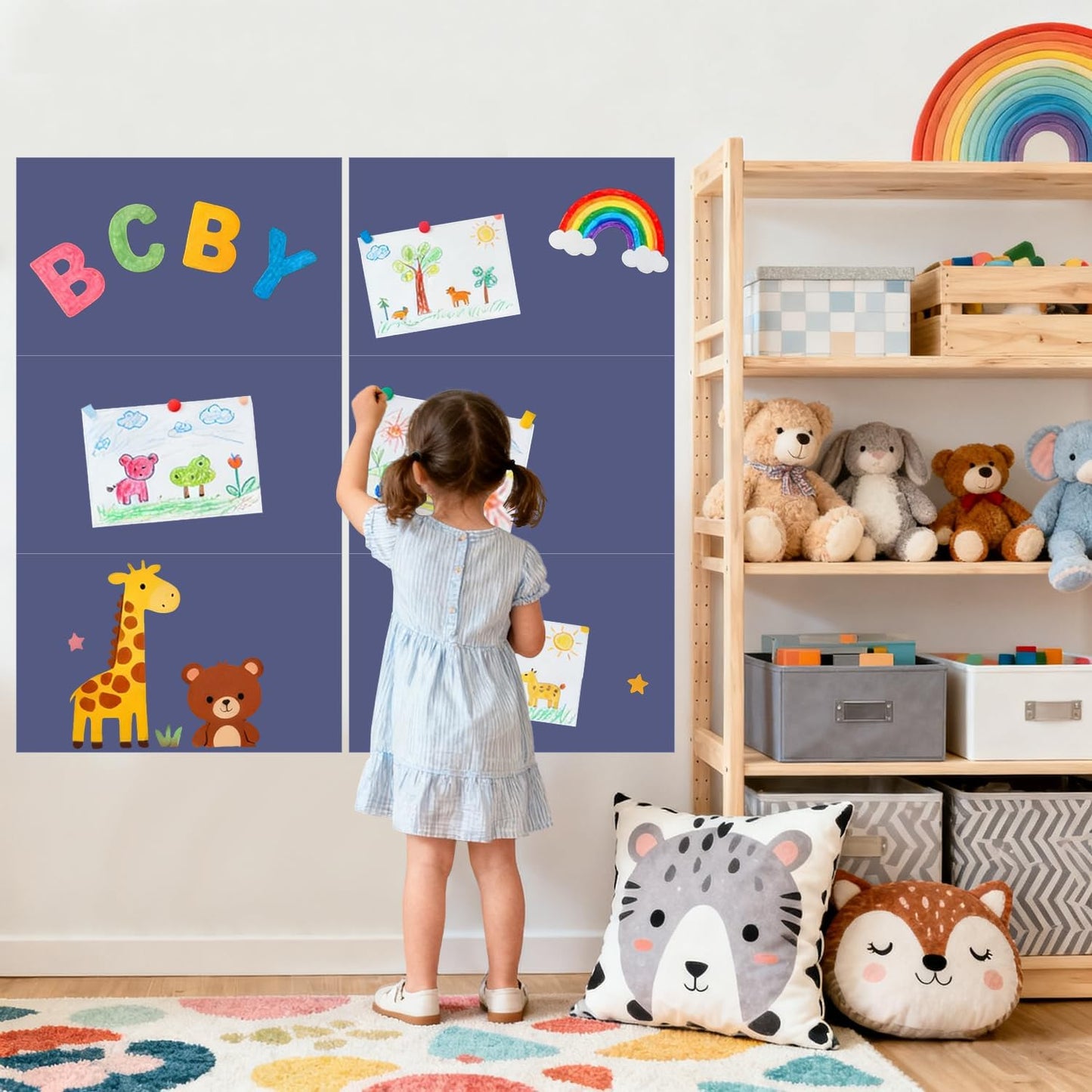 Magnetic Decal Wall for Kids Set of 6 Milk Tea Magnetic Chalkboard for Wall Peel and Stick Magnet Sheets with Chalk Tangram Puzzle and Multiple Accessories Magnetic Wall Decal for Playroom Home