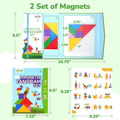 BenBen Travel Tangram Puzzle with 2 Sets Magnetic Wooden Shapes, Extra Large Dual-Sided Magnet Surface, Color Pattern IQ Book，Road Trip Car Plane Game，Educational STEM Travel Toys for Kids Adults