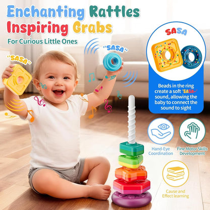 Baby Spinning Stacking Toys for Toddlers 1-3, Sensory Montessori Toys for One Year Old Girl Boy, Rainbow Ring Stacker Tower, Educational Learning Toy, Perfect Christmas Birthday Gifts