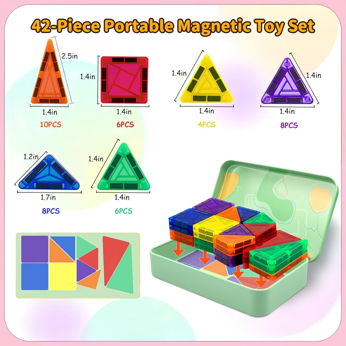 Mini Magnetic Tiles,42PCS Magnetic Building Blocks with Metal Storage Box,STEM Toys for Kids Ages 3+,Sensory Toys for Kids with Autism