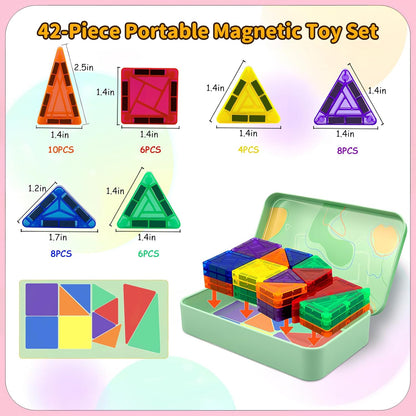 Mini Magnetic Tiles,42PCS Magnetic Building Blocks with Metal Storage Box,STEM Toys for Kids Ages 3+,Sensory Toys for Kids with Autism