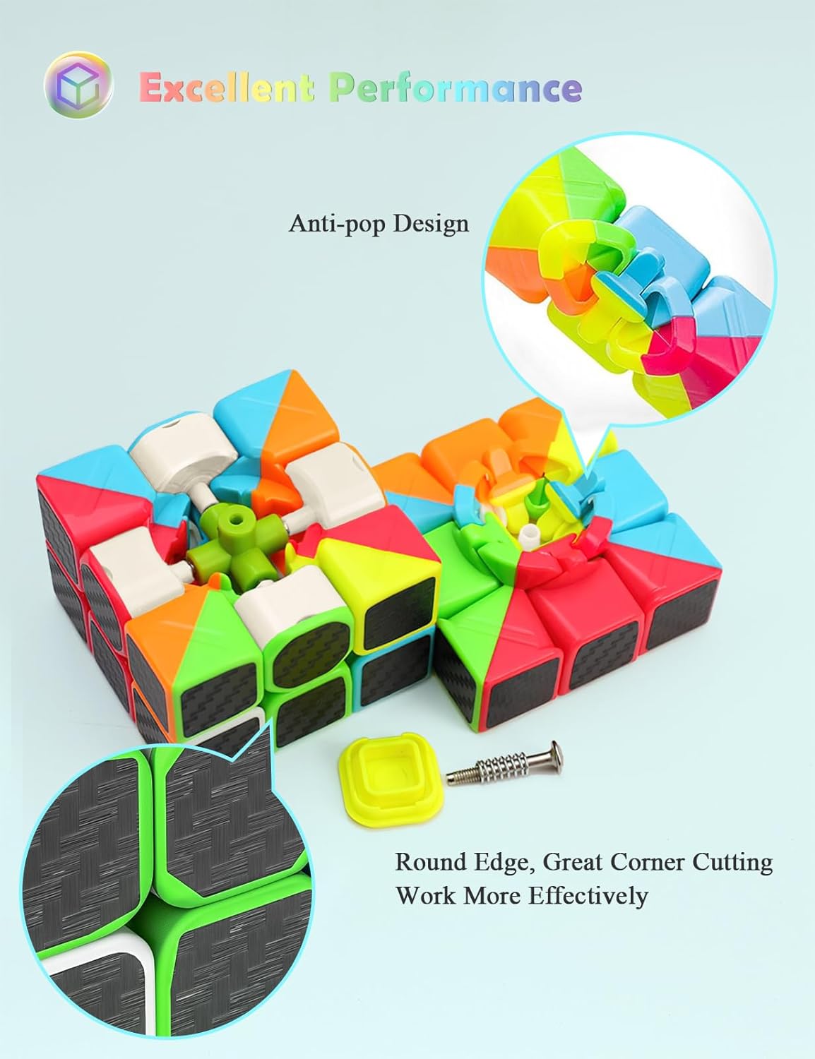 ROXENDA Speed Cube Set, Magic Cube Set of 2x2x2 3x3x3 Pyramid Cube Smooth Puzzle Cube (Stickerless)
