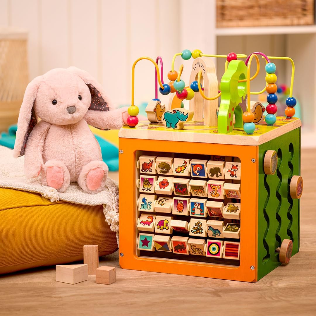 B. toys – Tabletop Activity Cube – Educational Storybook Included – Wooden Shape Sorter, Bead Maze, Animal Tiles – Top Flips for Compact Storage – 12+ Months – Lil' Learning Cube