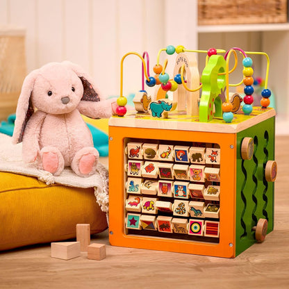 B. toys – Tabletop Activity Cube – Educational Storybook Included – Wooden Shape Sorter, Bead Maze, Animal Tiles – Top Flips for Compact Storage – 12+ Months – Lil' Learning Cube