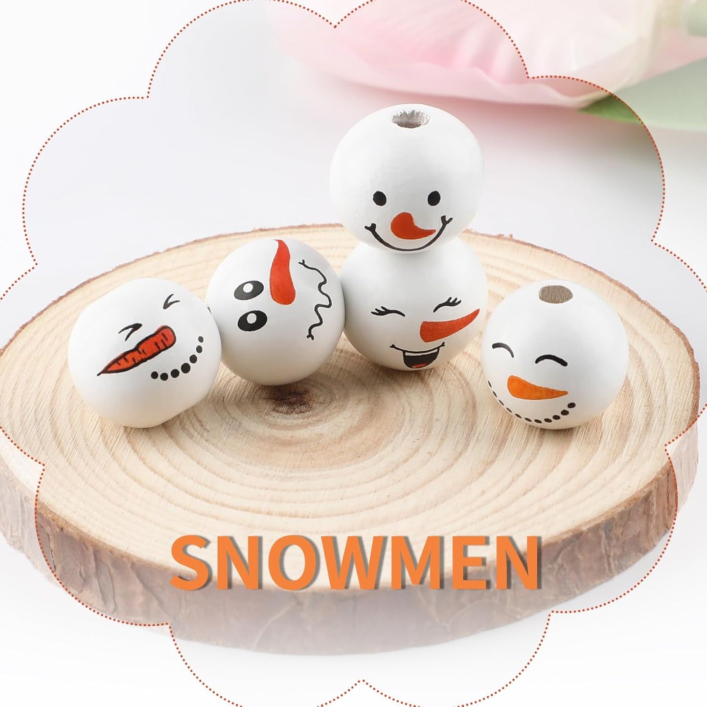 50PCS Christmas Snowman Wooden Bead, 20mm Winter Craft Wood Round Beads Natural Wood Beads for Xmas Tree Hanging Decoration Winter Holiday Garland Making DIY Craft Supplies