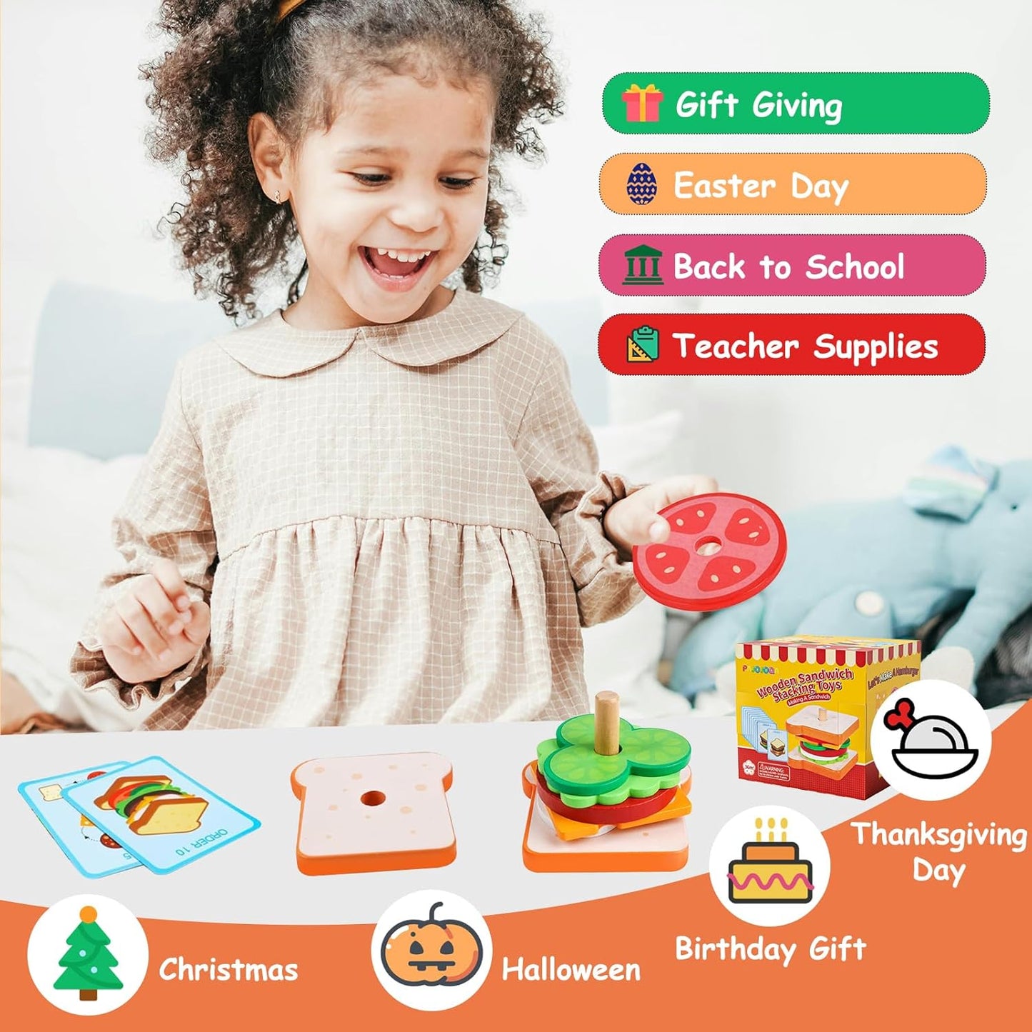 Montessori Toys for 2, 3 Year Old, Wooden Burger Sandwich Stacking Toys for Toddler Educational Toys Fine Motor Skills Foods Preschool Learning Blocks Gifts Boys Girls