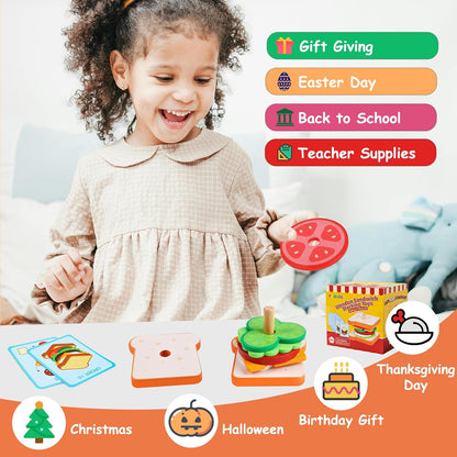 Montessori Toys for 2, 3 Year Old, Wooden Burger Sandwich Stacking Toys for Toddler Educational Toys Fine Motor Skills Foods Preschool Learning Blocks Gifts Boys Girls