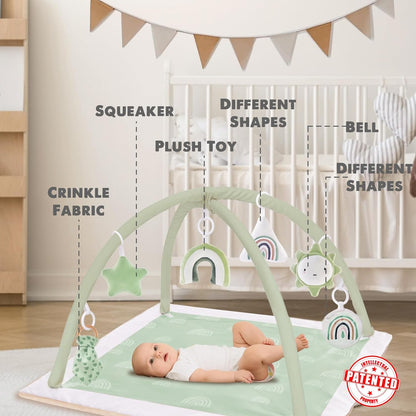 Mallify Washable Tummy Time Mat, Baby Play Gym with 6 Featured Toys, Baby Gym for Infant & Toddler, Larger Baby Play Mat, Deluxe Baby Play Mats for Floor, Sensory and Motor Skill Development, Green