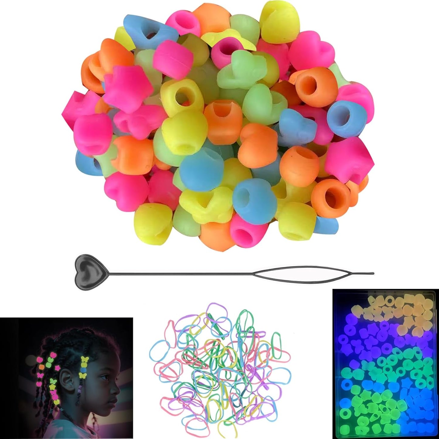 100 Pcs Silicone Beads for Hair,Soft Silicone Beads for Kids Girls with 5mm Hole,Colorful Rubber Bead for Braids Glow in The Dark Hair Ties Kit