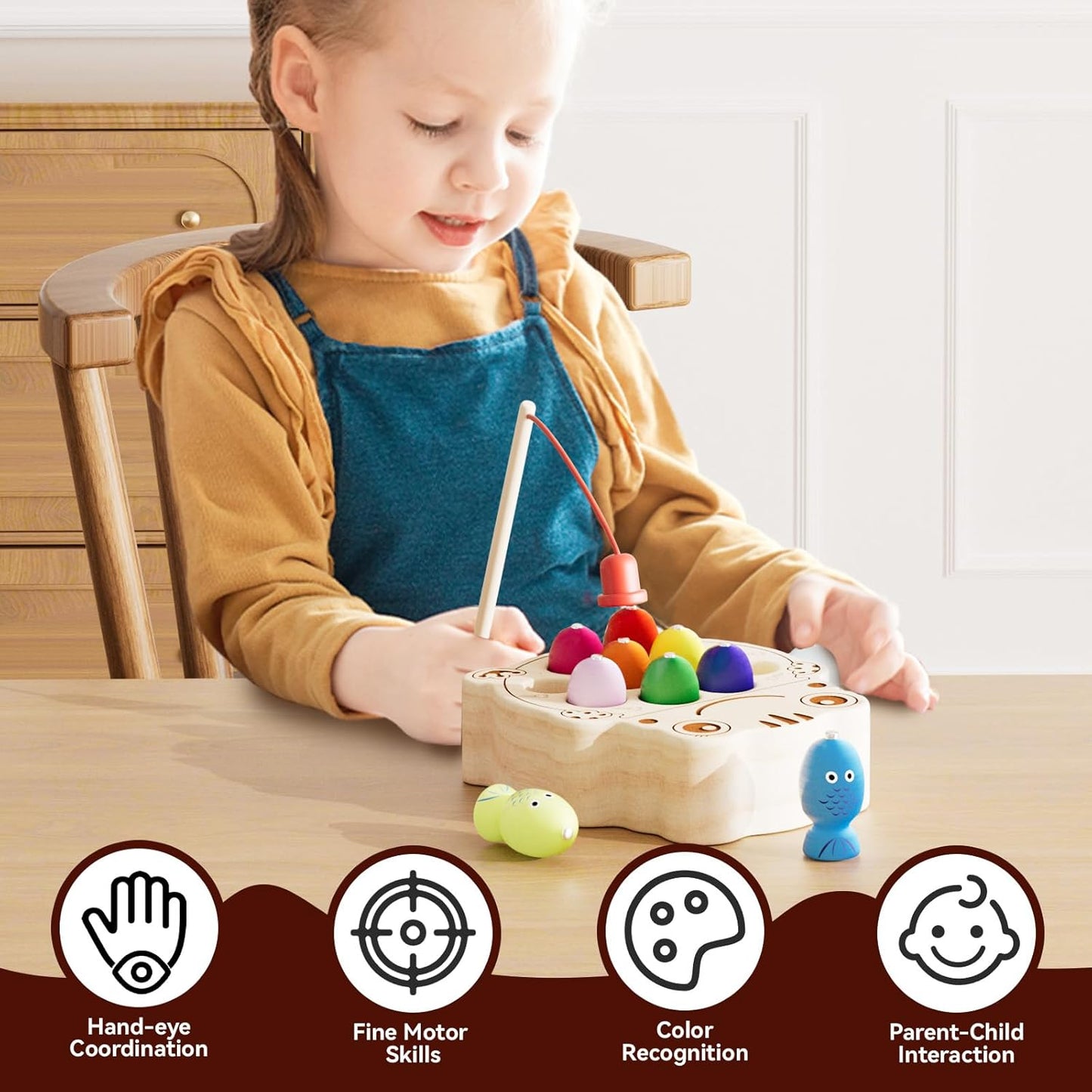 Wooden Magnetic Fishing Game for Toddlers 1-3, Montessori Sensory Busy Board Fine Motor Skills Toys for 1 2 3 Years Old Boys Girls (Frog B-Fish Game)