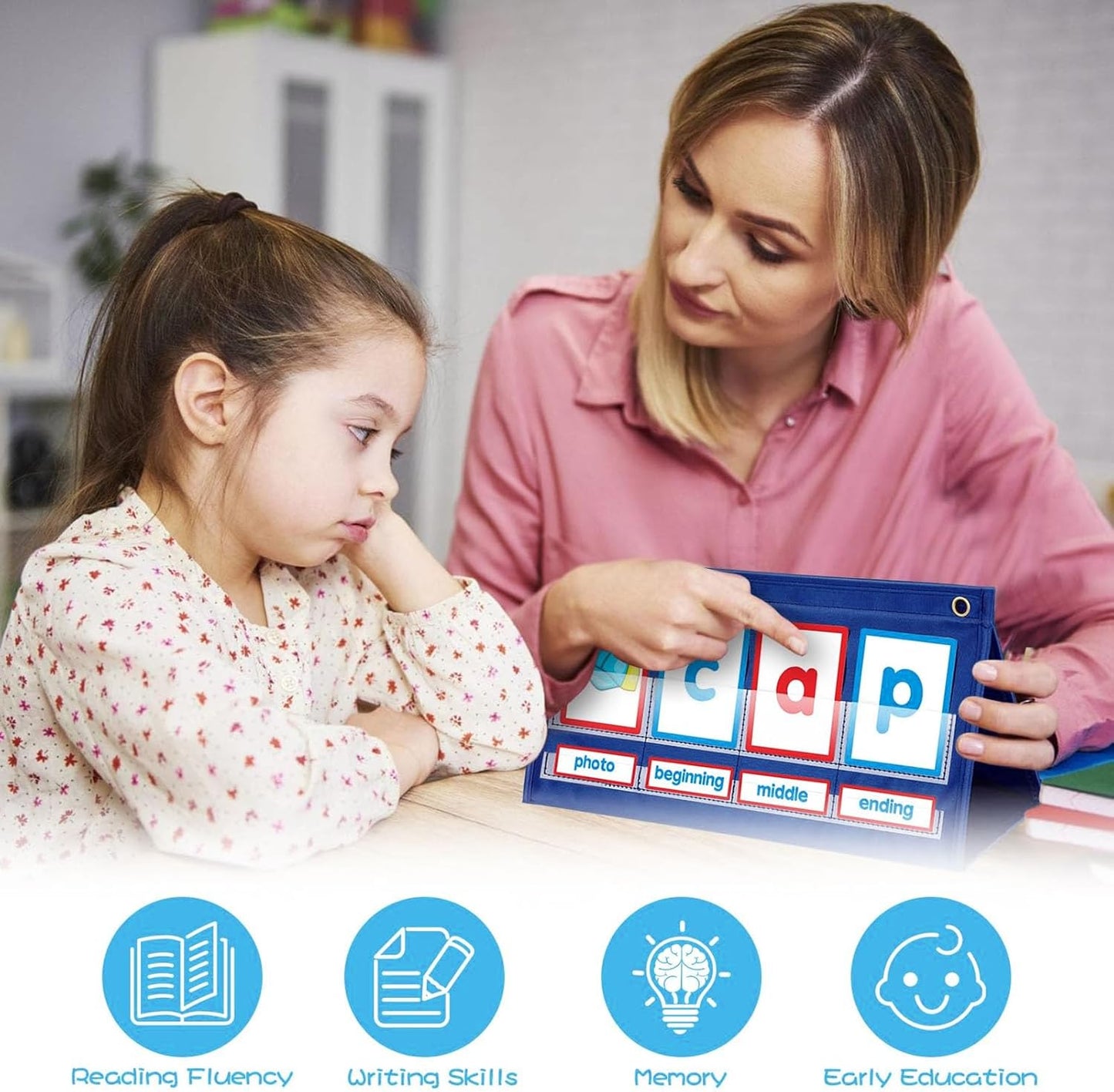Alomejor CVC Words Phonics Pocket Chart, Foldable Desktop Kit with 38 Double Sided Cards for Preschool Kindergarten Literacy Practice