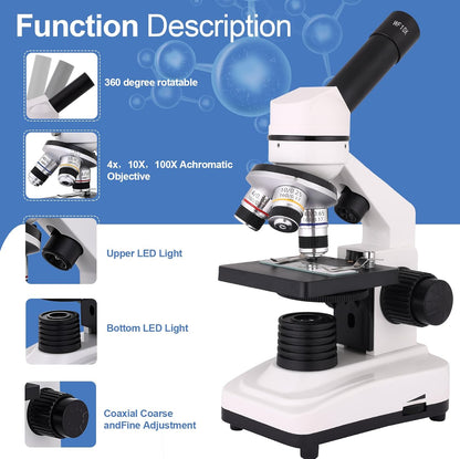 Microscope for Adults & Kids, 40X-2500X High-Power Compound Microscope for Students, School Lab & Home Schooling,Equiped with Slides Set & Phone Holder (Light White)