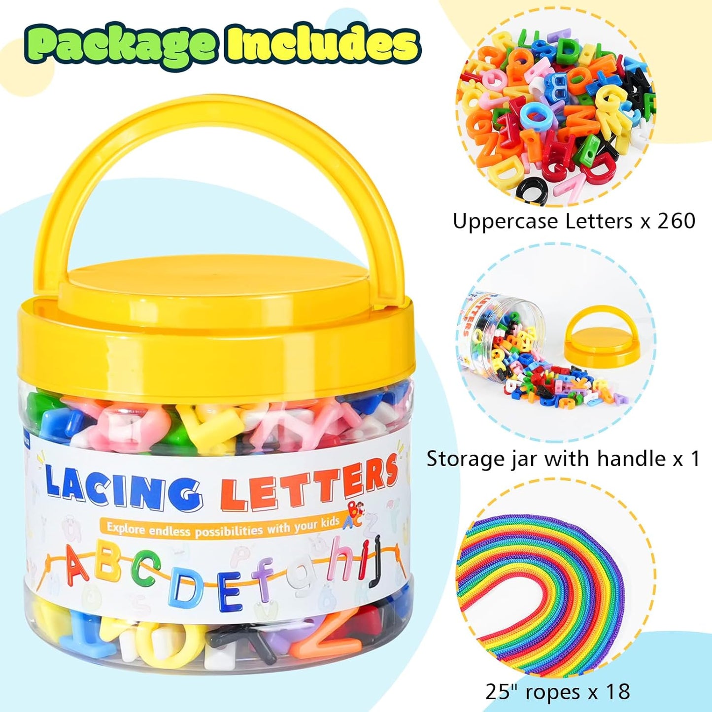 278 Pcs Lacing Letters Beads, Lowercase Alphabet Learning Toys, 10 Color Rainbow Alphabet Beads with 18 Laces, Preschool & Home Educational Toy for Kids Ages 3+, Back to School Supplies