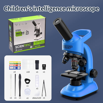Microscope for Kids Scientific Experiment Kit 40X-1600X Magnification LED Light Educational STEM Kit with Slides and Lab Tools (Blue)