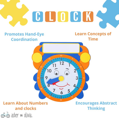 Premium Puzzles for Toddlers and Rack Set - (7 Pack) Includes 1 Learning Clock - 6 Alphabet, Numbers, Shapes, Animals, Cars, Fruits Puzzles