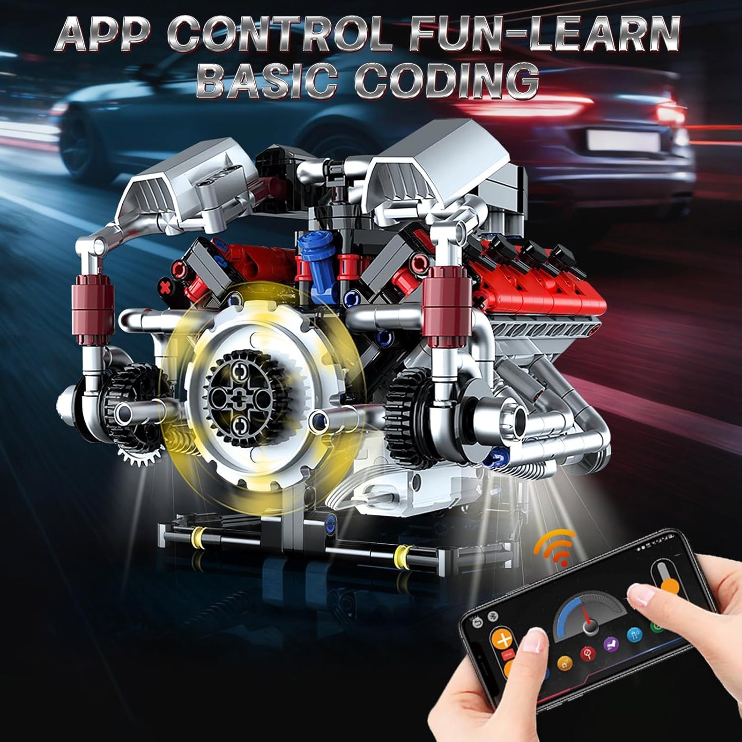 V8 Engine Model Kit that Run, 8-Cylinder Car Engine Building Blocks Set, Build Your Own STEM Engineering Kit that Work with LED Light and APP Control, Collections Set for Age 8+/Kids/Adults (700 PCS)