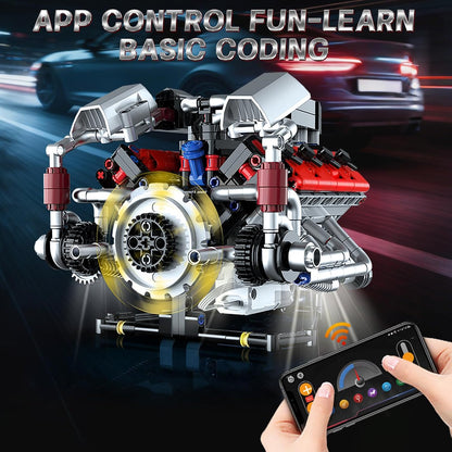 V8 Engine Model Kit that Run, 8-Cylinder Car Engine Building Blocks Set, Build Your Own STEM Engineering Kit that Work with LED Light and APP Control, Collections Set for Age 8+/Kids/Adults (700 PCS)