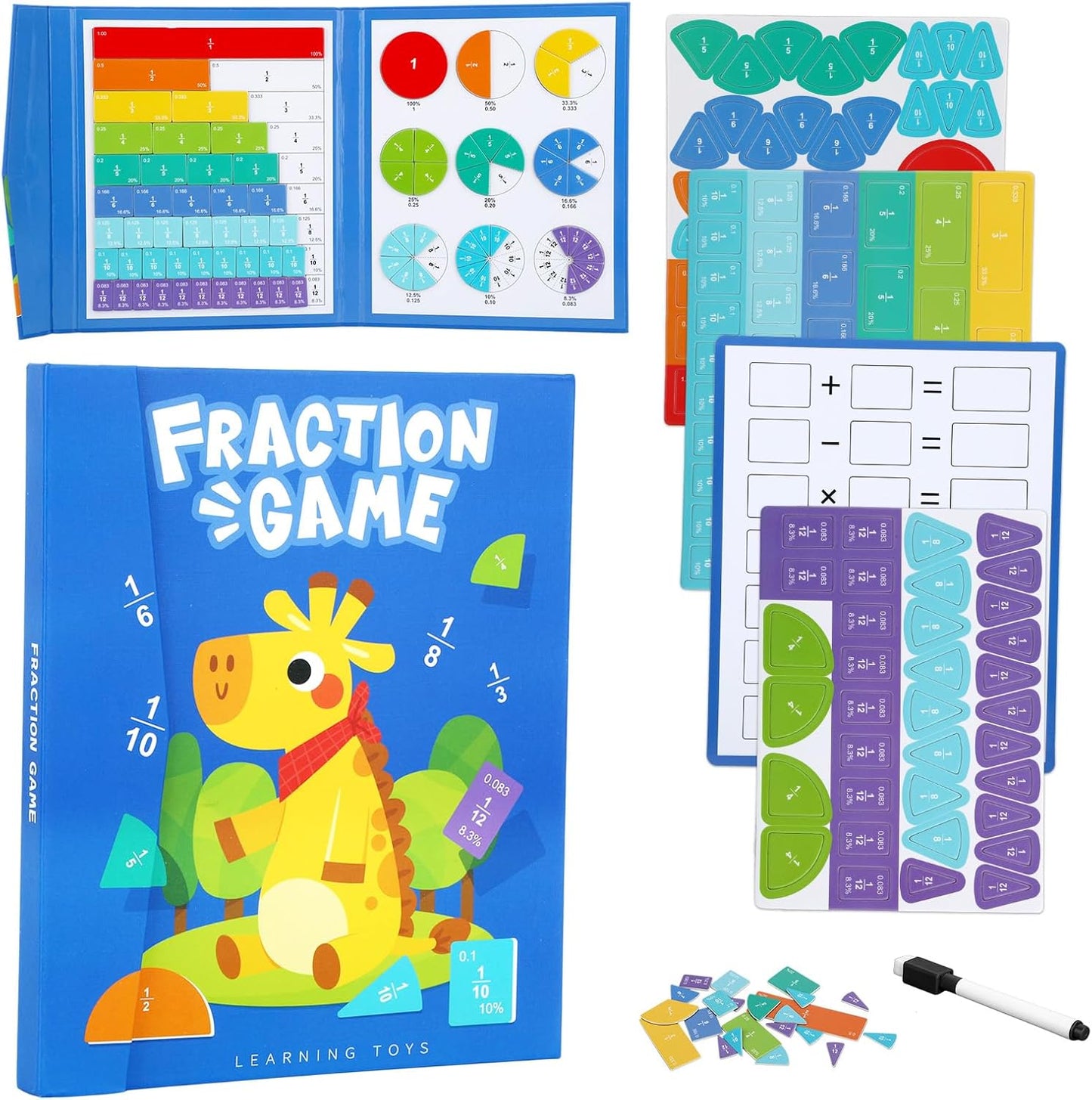 Magnetic Fraction Demonstration Book Educational Puzzle, Magnetic Fraction Tiles & Circles for Kids Math Manipulatives Fractions Tiles Montessori-inspired Score Disk Demonstrator for Elementary School