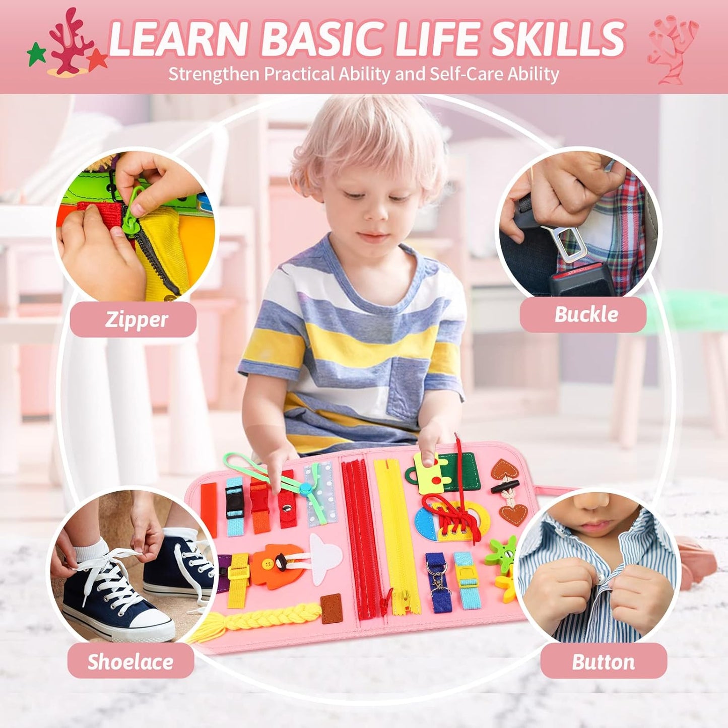 Toddler Busy Board for 1 Year Old, Montessori Toy Sensory Busy Book for Toddler 1-3 Fishing Game Fine Motor Skill, Learning Car Ride Airplane Activities Travel Essential 2-4 Birthday Gift for Boy Girl