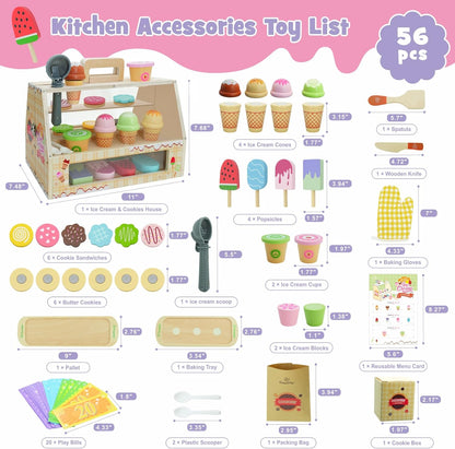 SIMPLIPLAY 2 in 1 Portable Wooden Ice Cream Toy & Cookie Play Set (63pcs), Slice and Bake Cookies, Scoop and Serve Ice Cream Counter with Pretend Play Food, Play Kitchen Accessories, Kids Gift Ages 3+