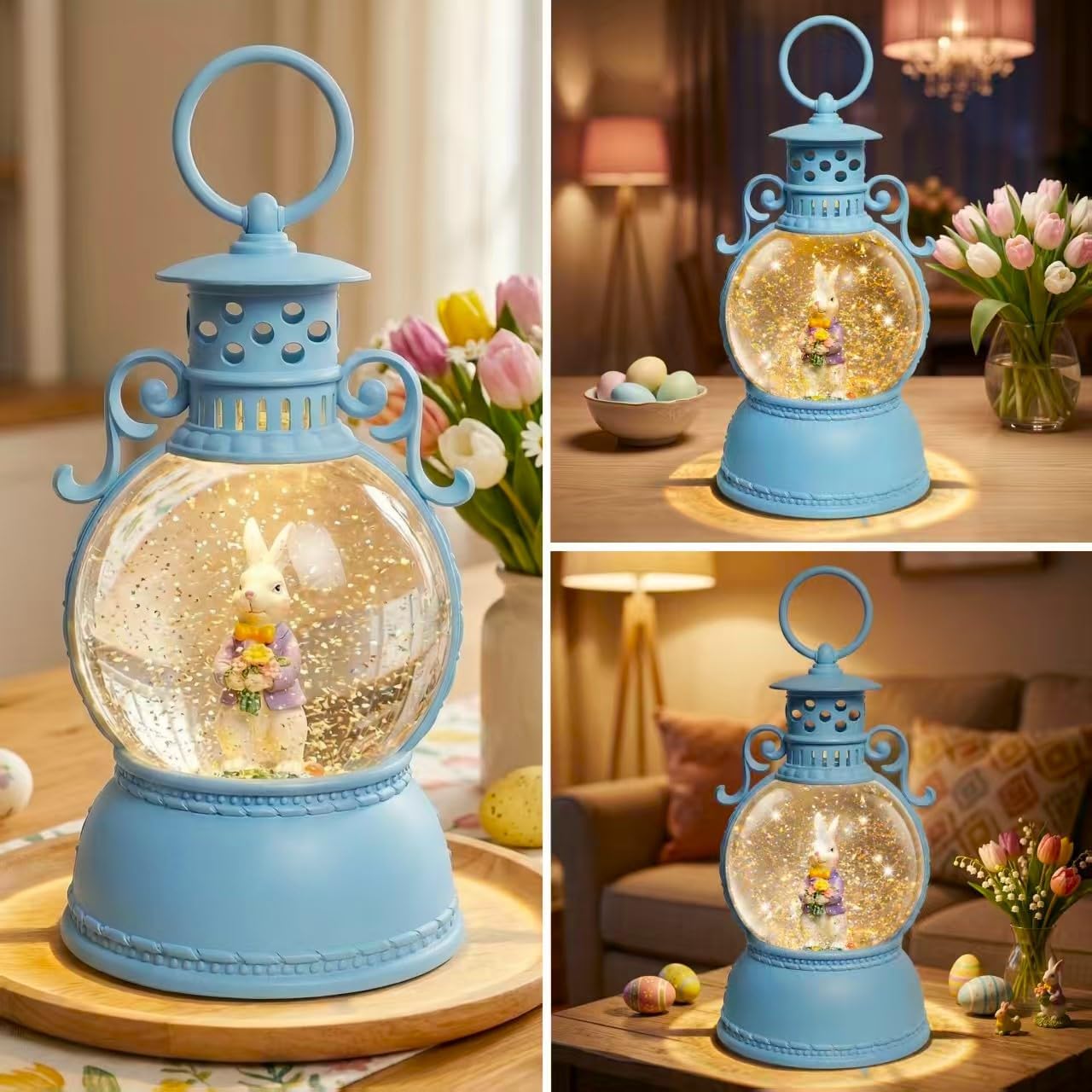 Easter Snow Globe Lantern, 9.4" Bunny Couple Lighted Snow Lantern with 6-Hour Timer, Battery or USB Powered, Spring Easter Decorations for Home, Easter Bunny Gift & Blue Easter Decor