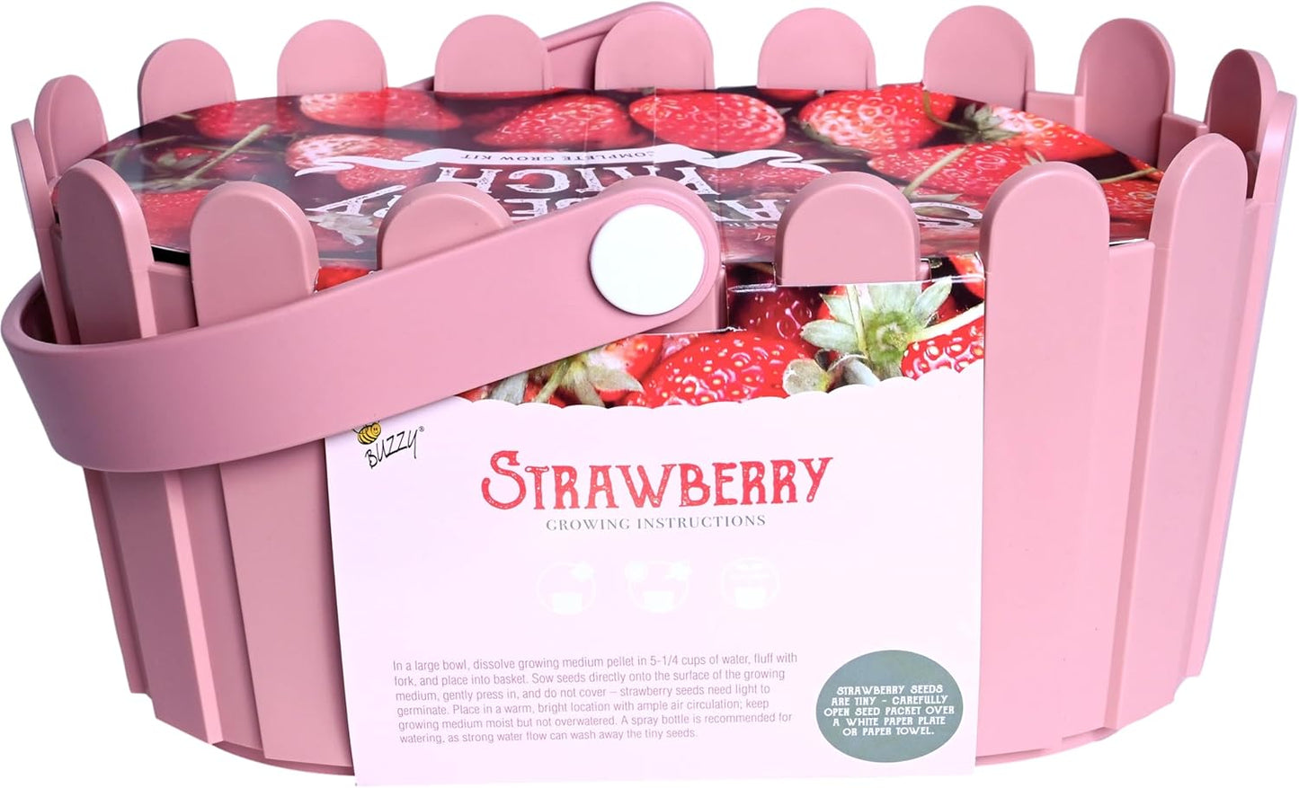Buzzy Seeds Strawberry Grow Kit Pink Picket Fence Berry Basket with Grandian Seeds, Indoor Planting Starter Kit, DIY Garden Project, Gardening Gift for Women