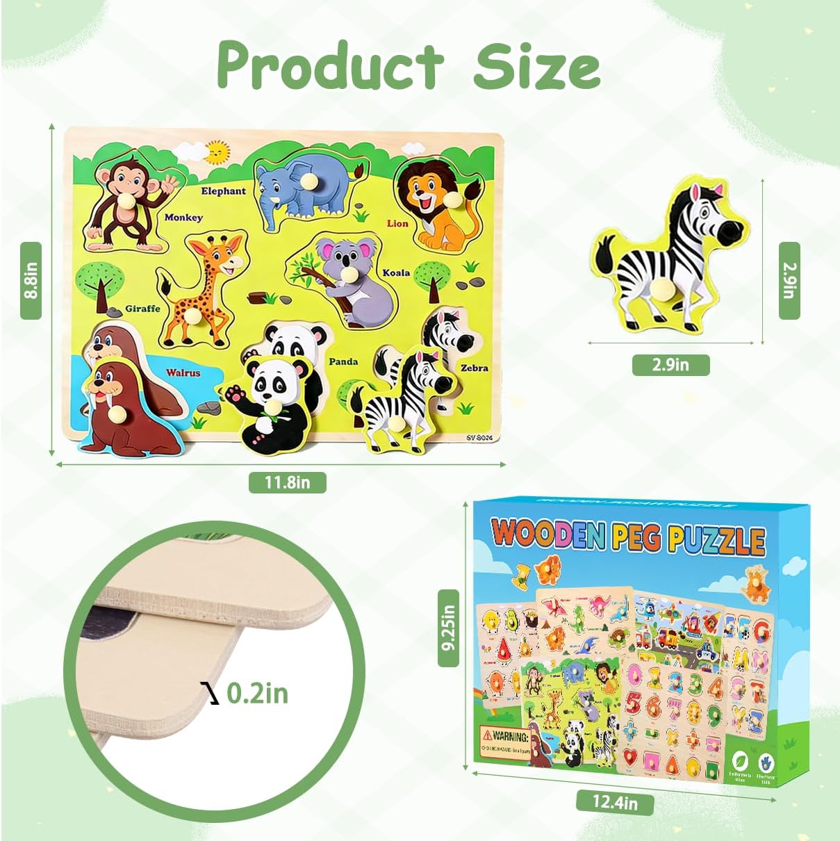 Montessori Wooden Peg Puzzles for Toddlers 2–4, 6 Pack Preschool Learning Toys – Alphabet, Numbers & Math, Animals, Dinosaurs, Fruits & Vehicles – Fine Motor Skills & Early Learning Set