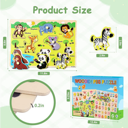 Montessori Wooden Peg Puzzles for Toddlers 2–4, 6 Pack Preschool Learning Toys – Alphabet, Numbers & Math, Animals, Dinosaurs, Fruits & Vehicles – Fine Motor Skills & Early Learning Set