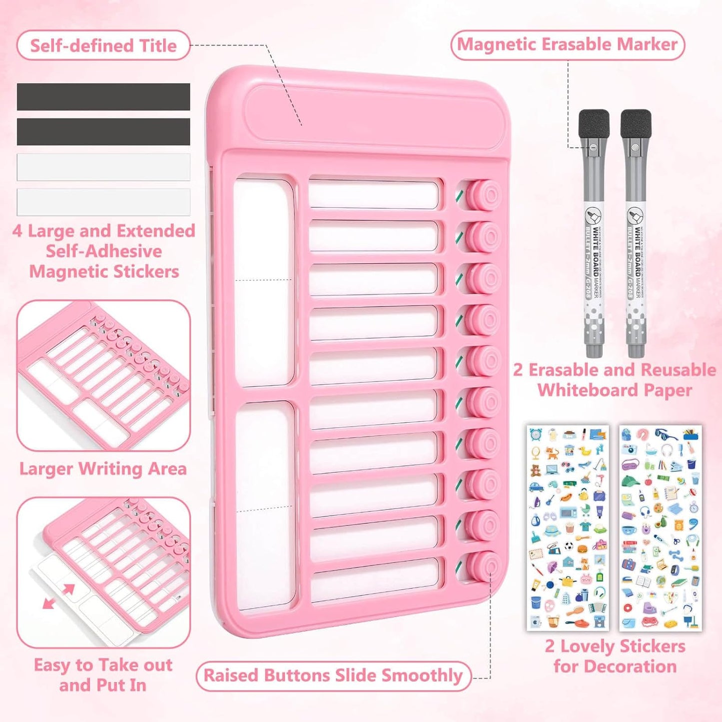 Audab Dry Erase Chore Chart for Kids, Magnetic Checklist Board, My Chores Slider Chart to Do List Board, Routine Reward Chart Schedule Board Task Tracker for Home Refrigerator, Wall, Desk (Pink)