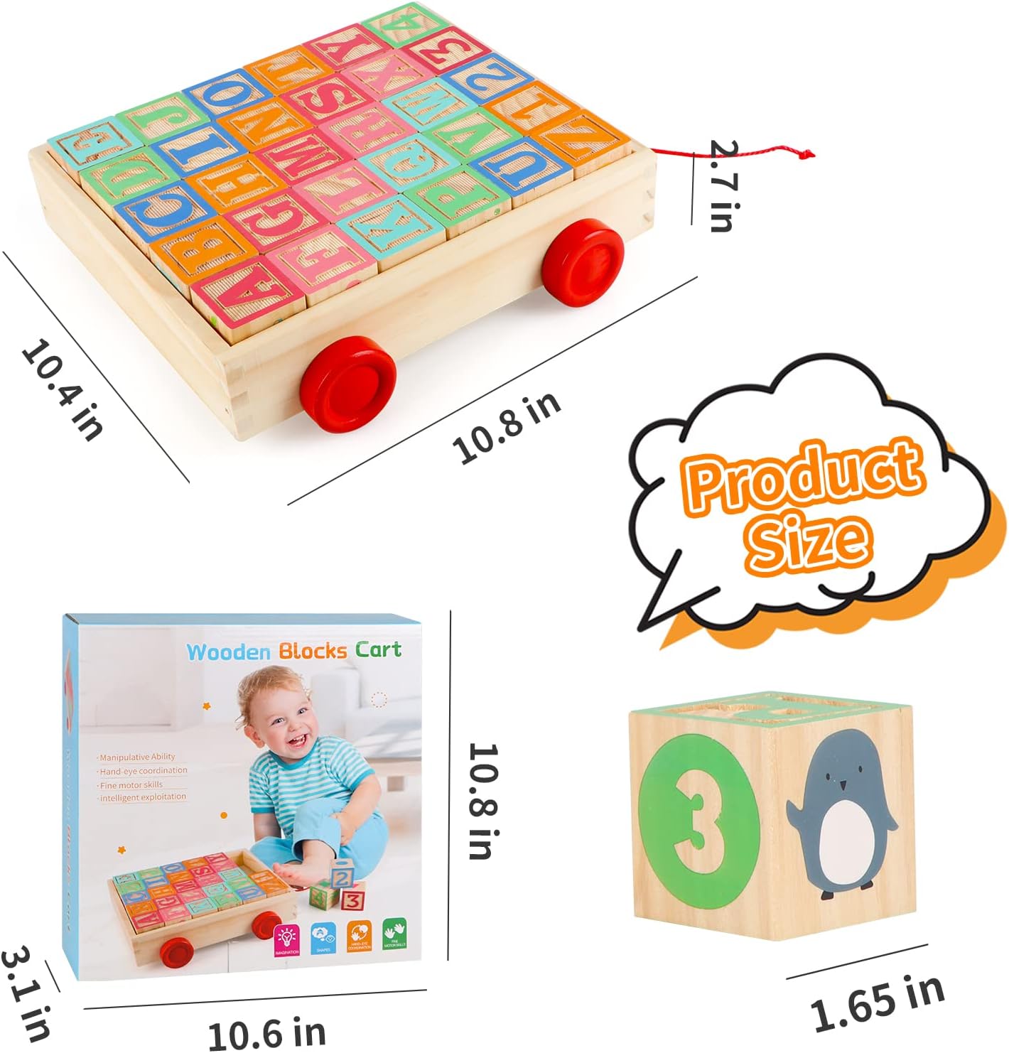 Joqutoys ABC Wooden Building Blocks for Toddlers 1-3 Large, 26 PCS Alphabet & Number Stacking Blocks, Educational Learning Toys for Boys Girls Kids Gifts 1.65''