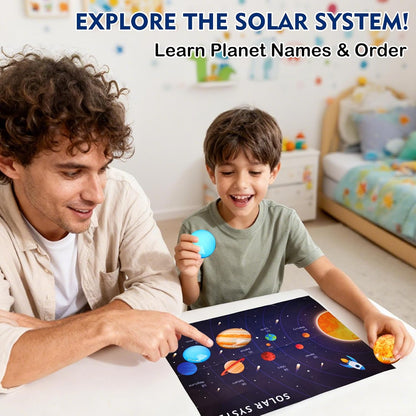 Space Sensory Bin for Toddler, Science Themed with 8 Planets & Star Map, No-Mess Soft Pom Poms for Preschool Learning, Gifts for Boys Girls Age 3 4 5 6+