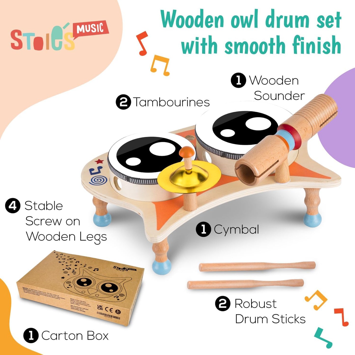 Stoie's Wooden Toddler Musical Instruments with Drum, Hand Bells, Flute, Maracas, Castanet, Tamburine, for Babies and Kids, Eco Friendly Montessori Educational Toy