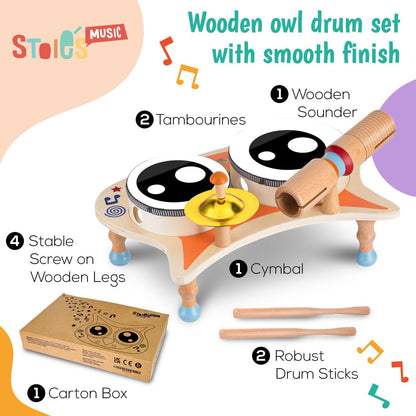 Stoie's Wooden Toddler Musical Instruments with Drum, Hand Bells, Flute, Maracas, Castanet, Tamburine, for Babies and Kids, Eco Friendly Montessori Educational Toy