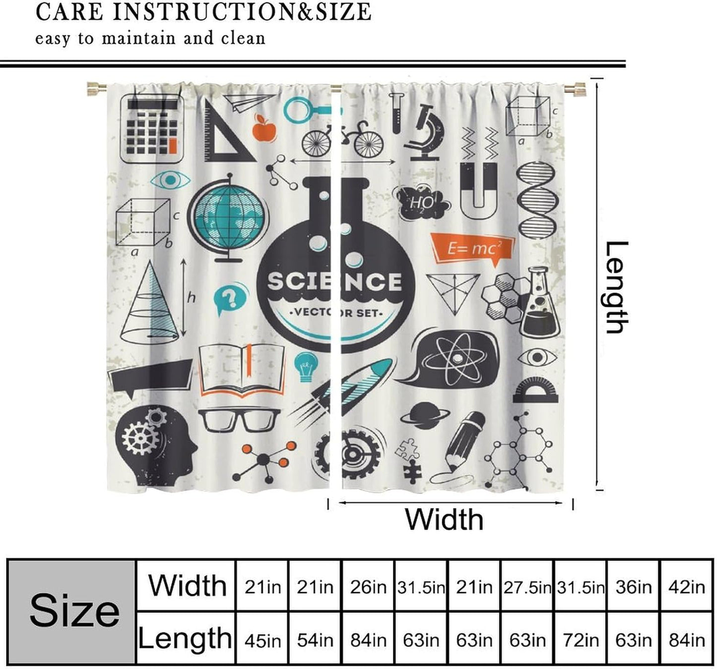 Science Physics Window Curtains, Abstract Math Chemistry Curtain Scientist Graffiti Print Window Treatments for Kids Teens Bedroom Living Room Kitchen Set 2 Panels,42x63 Inches