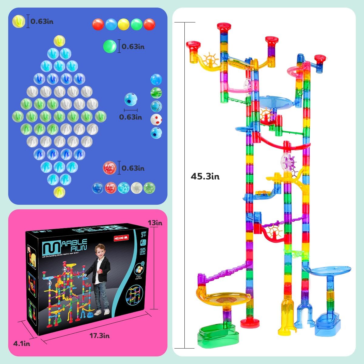 Meland Marble Run - 132Pcs Marble Maze Game Building Toy for Kid, Marble Track Race Set & STEM Learning Toys for Boy Girl Age 3 4 5 6 7 8 9+ (102 Translucent Marbulous Pcs & 30 Glass Marbles)