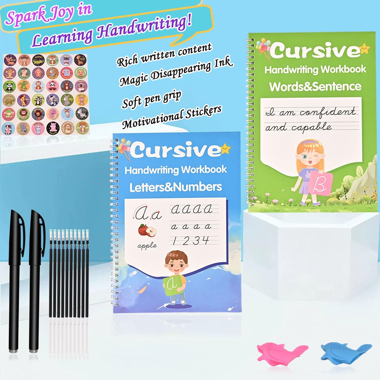 2 Pack Grooved Cursive Handwriting Workbook, Magic Reusable Grooved Handwriting Practice with Disappearing Ink Pens Cursive Writing Practice Book for Kids Beginners（2pc+Pens）（10.2in x 7.3in）