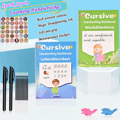 2 Pack Grooved Cursive Handwriting Workbook, Magic Reusable Grooved Handwriting Practice with Disappearing Ink Pens Cursive Writing Practice Book for Kids Beginners（2pc+Pens）（10.2in x 7.3in）