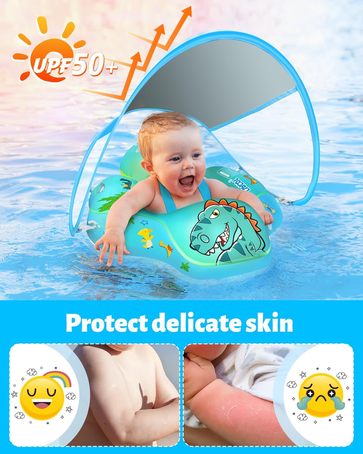 LAYCOL Baby Pool Float with Canopy UPF50+, 5 Point Safety Buckle No Flip Over, Inflatable Toddler Floaties Infant Pool Floats with Double Air Chambers, Baby Beach Essentials/Traval for 3-36M