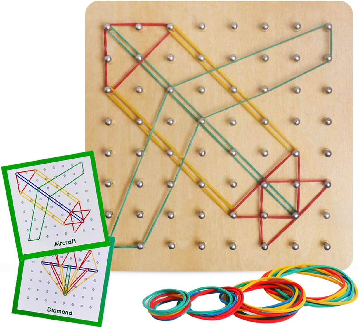 Skrtuan Wooden Geoboard with Pattern Cards & Rubber Bands, Montessori STEM Educational Toy for Kids 3-5 5-8 Years Old, Brain Teaser Puzzle Game for Geometry Learning and Creative Shapes