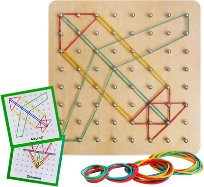 Skrtuan Wooden Geoboard with Pattern Cards & Rubber Bands, Montessori STEM Educational Toy for Kids 3-5 5-8 Years Old, Brain Teaser Puzzle Game for Geometry Learning and Creative Shapes