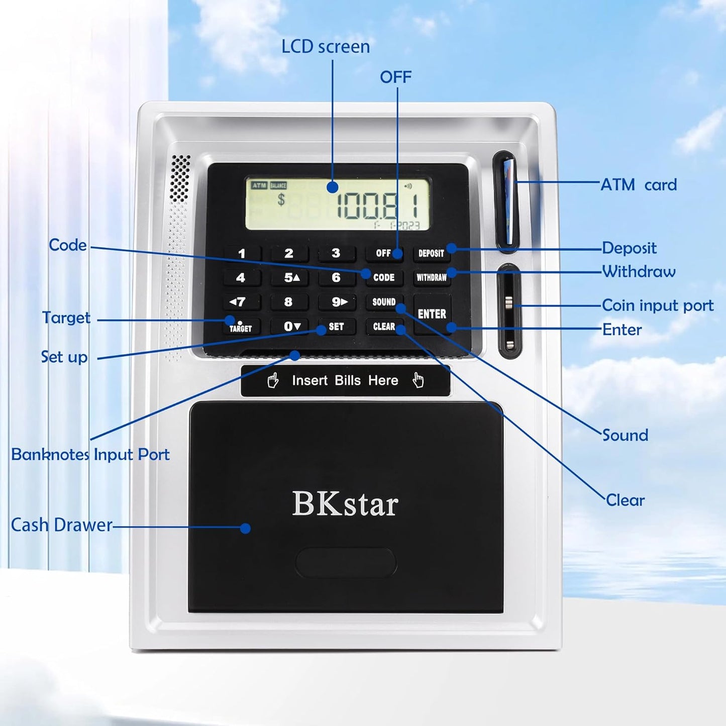 BKstar Kids Talking ATM Piggy Bank for Real Money with Dual Debit Cards, Power-Off Memory, Auto-Opening Drawer, Onekey Shutdown, Bill Feeder, Coin Recognition, Balance Calculator Machine