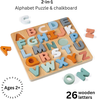 Janod - Sweet Cocoon Wooden Alphabet Learning Puzzle - Alphabet Learning - Stylish Stand-Up Letters - Enhances Language Skills, Boosts Self-Confidence - Includes Chalkboard Feature.