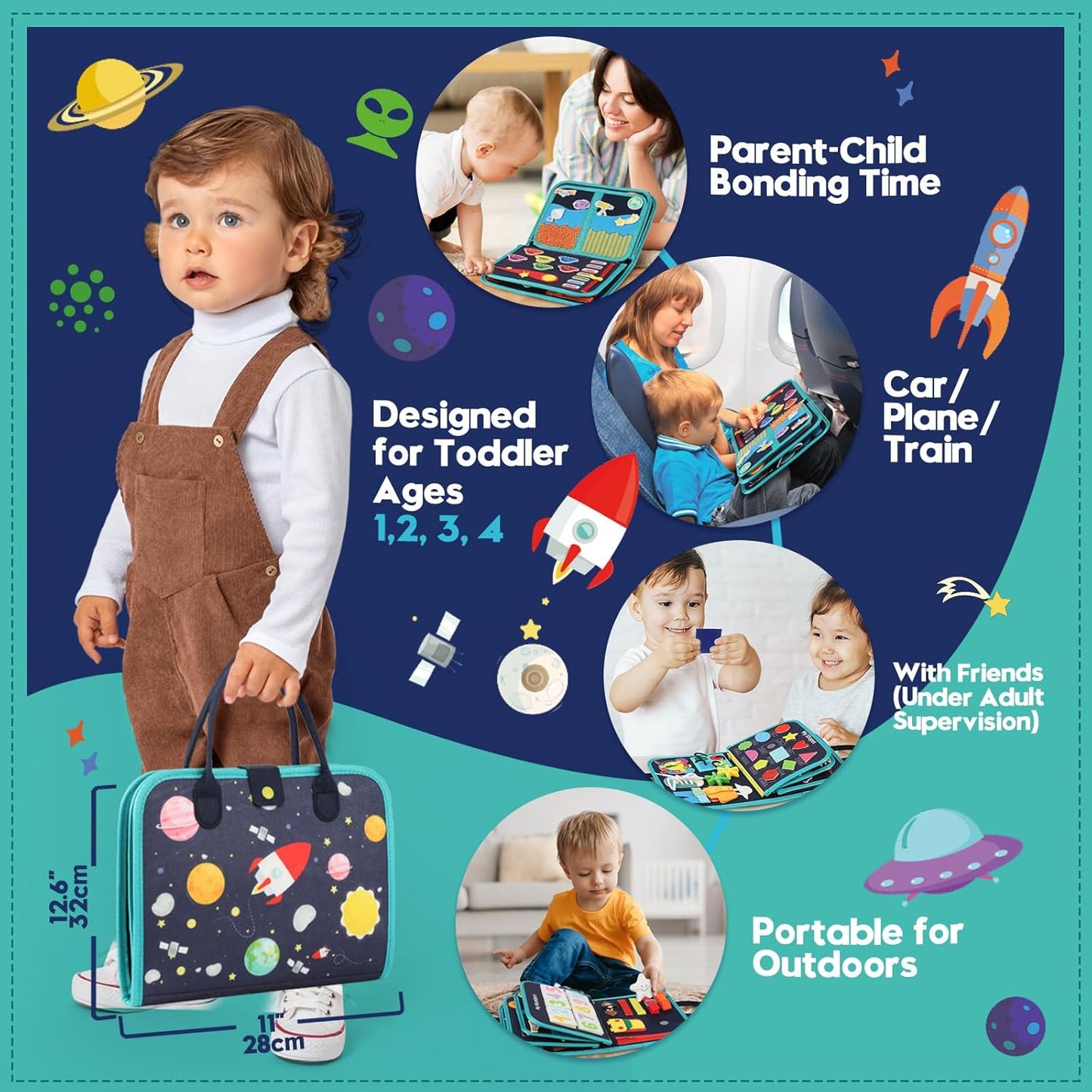 Toddler Sensory Busy Board: Travel Toy Activity Book for Girls Boys, Motor Skill Development Gift for Baby Aged 3-4 Years, Fine Educational Preschool Montessori Learning Toy for Car Airplane Dinosaur