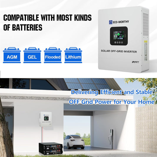 ECO-WORTHY 5KW Off Grid Solar System Complete Kit 12PCS 195W Mono Solar Panel (2340W) +1 * 48V 5KW Off-Grid Inverter + 1 * 51.2V 100Ah Server Rack Whole House Storage LiFePO4 Lithium Battery