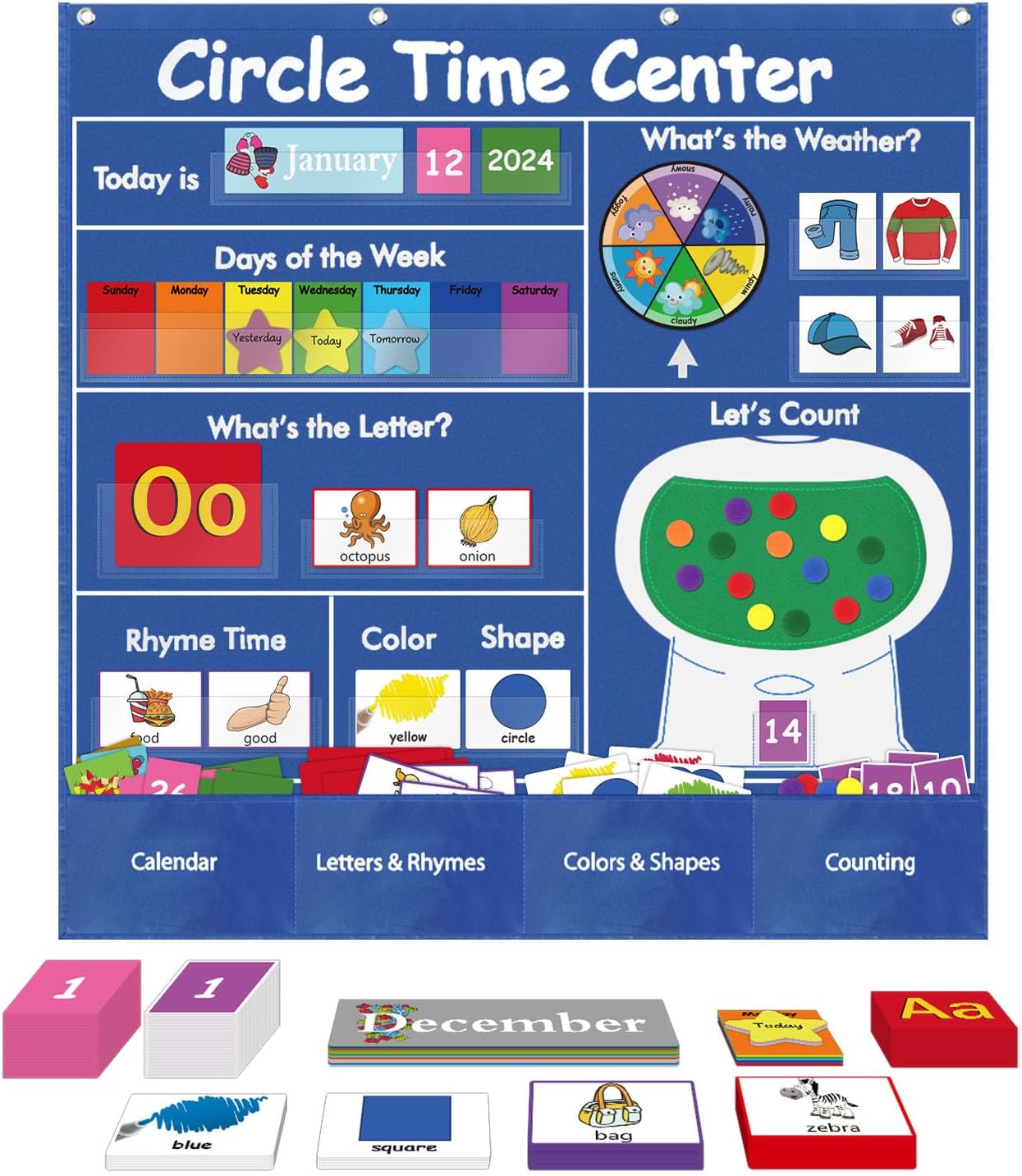 Circle Time Learning Center, Teaching Shape Circle Time Pocket Chart with 221 Cards, Educational Pocket Chart Teaching Materials, Learning Calendar Weather Counting Letter Color Shape etc